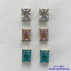 BRINCO NO BRUTO PRONTO PARA O BANHO - KIT COM 3 BRINCOS DE PINO COM ZIRCÔNIA RETANGULAR 6X8MM - PESO TOTAL 4,3GR - BRU15772