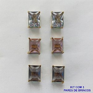 BRINCO NO BRUTO PRONTO PARA O BANHO - KIT COM 3 BRINCOS DE PINO COM ZIRCÔNIA RETANGULAR 6X8MM - PESO TOTAL 4,3GR - BRU15773