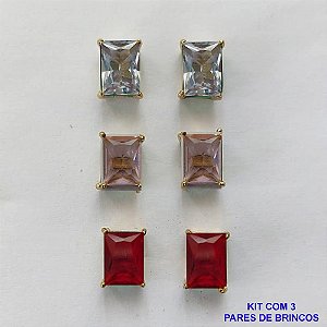 BRINCO NO BRUTO PRONTO PARA O BANHO - KIT COM 3 BRINCOS DE PINO COM ZIRCÔNIA RETANGULAR 6X8MM - PESO TOTAL 4,3GR - BRU15774