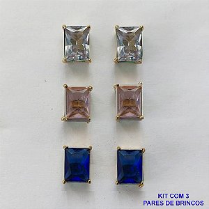 BRINCO NO BRUTO PRONTO PARA O BANHO - KIT COM 3 BRINCOS DE PINO COM ZIRCÔNIA RETANGULAR 6X8MM - PESO TOTAL 4,3GR - BRU15775
