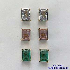BRINCO NO BRUTO PRONTO PARA O BANHO - KIT COM 3 BRINCOS DE PINO COM ZIRCÔNIA RETANGULAR 6X8MM - PESO TOTAL 4,3GR - BRU15776
