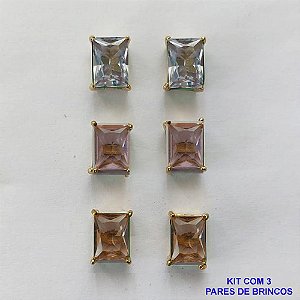BRINCO NO BRUTO PRONTO PARA O BANHO - KIT COM 3 BRINCOS DE PINO COM ZIRCÔNIA RETANGULAR 6X8MM - PESO TOTAL 4,3GR - BRU15777
