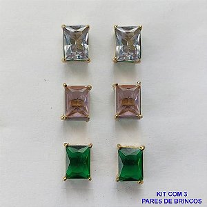 BRINCO NO BRUTO PRONTO PARA O BANHO - KIT COM 3 BRINCOS DE PINO COM ZIRCÔNIA RETANGULAR 6X8MM - PESO TOTAL 4,3GR - BRU15778