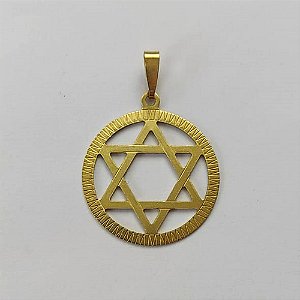 PINGENTE NO BRUTO PRONTO PARA O BANHO - (E2233) PINGENTE REDONDO ESTRELA DE DAVI 27MM - PESO: 1,4GR - COMPOSIÇÃO: 100% LATÃO - BRU15793