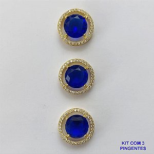 PINGENTE NO BRUTO PRONTO PARA O BANHO - KIT COM 3 PINGENTES COM BASES EM ALTA FUSÃO REDONDAS CRAVEJADAS COM MICROS ZIRCÔNIAS CRISTAIS E PEDRA EM ZIRCÔNIA AZUL TURQUESA 10MM - PESO TOTAL 6,6GR - BRU15802