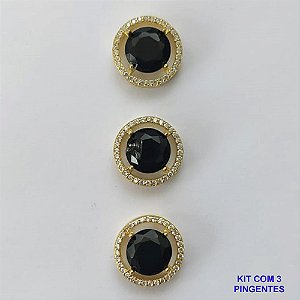PINGENTE NO BRUTO PRONTO PARA O BANHO - KIT COM 3 PINGENTES COM BASES EM ALTA FUSÃO REDONDAS CRAVEJADAS COM MICROS ZIRCÔNIAS CRISTAIS E PEDRA EM ZIRCÔNIA PRETA 10MM - PESO TOTAL 6,6GR - BRU15804