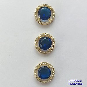 PINGENTE NO BRUTO PRONTO PARA O BANHO - KIT COM 3 PINGENTES COM BASES EM ALTA FUSÃO REDONDAS CRAVEJADAS COM MICROS ZIRCÔNIAS CRISTAIS E PEDRA EM ZIRCÔNIA AZUL ESCURO 10MM - PESO TOTAL 6,6GR - BRU15810