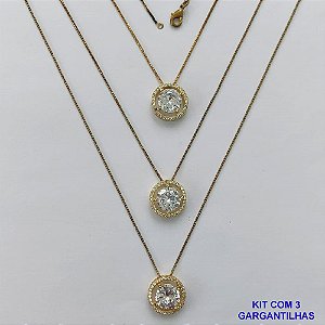 GARGANTILHA NO BRUTO PRONTA PARA O BANHO - KIT COM 3 GARGANTILHAS COM CORRENTES VENEZIANA 45CM E PINGENTES COM BASES EM ALTA FUSÃO REDONDAS CRAVEJADAS COM MICROS ZIRCÔNIAS CRISTAIS E PEDRA EM ZIRCÔNIA CRISTAL 10MM - PESO TOTAL 9,4GR - BRU15826