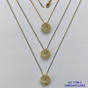GARGANTILHA NO BRUTO PRONTA PARA O BANHO - KIT COM 3 GARGANTILHAS COM CORRENTES VENEZIANA 45CM E PINGENTES COM BASES EM ALTA FUSÃO REDONDAS CRAVEJADAS COM MICROS ZIRCÔNIAS CRISTAIS E PEDRA EM ZIRCÔNIA AMARELA 10MM - PESO TOTAL 9,4GR - BR15830