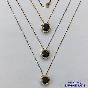 GARGANTILHA NO BRUTO PRONTA PARA O BANHO - KIT COM 3 GARGANTILHAS COM CORRENTES VENEZIANA 45CM E PINGENTES COM BASES EM ALTA FUSÃO REDONDAS CRAVEJADAS COM MICROS ZIRCÔNIAS CRISTAIS E PEDRA EM ZIRCÔNIA PRETA 10MM - PESO TOTAL 9,4GR - BR15832