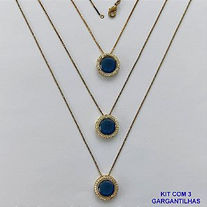 GARGANTILHA NO BRUTO PRONTA PARA O BANHO - KIT COM 3 GARGANTILHAS COM CORRENTES VENEZIANA 45CM E PINGENTES COM BASES EM ALTA FUSÃO REDONDAS CRAVEJADAS COM MICROS ZIRCÔNIAS CRISTAIS E PEDRA EM ZIRCÔNIA AZUL ESCURO 10MM - PESO TOTAL 9,4GR - BR15835