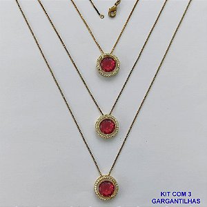 GARGANTILHA NO BRUTO PRONTA PARA O BANHO - KIT COM 3 GARGANTILHAS COM CORRENTES VENEZIANA 45CM E PINGENTES COM BASES EM ALTA FUSÃO REDONDAS CRAVEJADAS COM MICROS ZIRCÔNIAS CRISTAIS E PEDRA EM ZIRCÔNIA ROSA 10MM - PESO TOTAL 9,4GR - BR15838