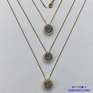 GARGANTILHA NO BRUTO PRONTA PARA O BANHO - KIT COM 3 GARGANTILHAS COM CORRENTES VENEZIANA 45CM E PINGENTES COM BASES EM ALTA FUSÃO REDONDAS CRAVEJADAS COM MICROS ZIRCÔNIAS CRISTAIS E PEDRA EM ZIRCÔNIA LILÁS 10MM - PESO TOTAL 9,4GR - BR15840