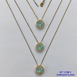 GARGANTILHA NO BRUTO PRONTA PARA O BANHO - KIT COM 3 GARGANTILHAS COM CORRENTES VENEZIANA 45CM E PINGENTES COM BASES EM ALTA FUSÃO REDONDAS CRAVEJADAS COM MICROS ZIRCÔNIAS CRISTAIS E PEDRA EM ZIRCÔNIA AZUL CLARA 10MM - PESO TOTAL 9,4GR - BR15842