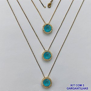 GARGANTILHA NO BRUTO PRONTA PARA O BANHO - KIT COM 3 GARGANTILHAS COM CORRENTES VENEZIANA 45CM E PINGENTES COM BASES EM ALTA FUSÃO REDONDAS CRAVEJADAS COM MICROS ZIRCÔNIAS CRISTAIS E PEDRA EM ZIRCÔNIA AZUL 10MM - PESO TOTAL 9,4GR - BR15844