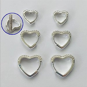 BRINCO FOLHEADO A PRATA - BRINCO DE TRIO ARGOLA CORAÇÃO CRAVEJADOS EM MICROS ZIRCÔNIAS TAMANHOS 11/14/16MM LARGURA 3MM -PRA564