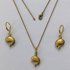 CONJUNTO NO BRUTO PRONTO PARA O BANHO - (E0848) CONJUNTO COM CORRENTE CADEADO 45CM E BRINCO ARGOLINHA DE PRESSÃO E PINGENTES BALEIA DUPLA 12MM - PESO: 4GR - COMPOSIÇÃO: 100% LATÃO - BRU15869