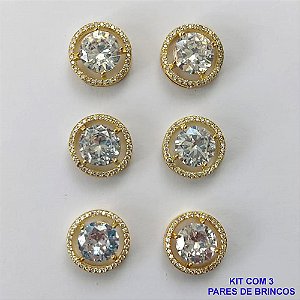 BRINCO NO BRUTO PRONTO PARA O BANHO - KIT COM 3 BRINCOS DE PINO COM BASES EM ALTA FUSÃO REDONDAS CRAVEJADAS COM MICROS ZIRCÔNIAS CRISTAIS E PEDRAS EM ZIRCÔNIAS 10MM - PESO TOTAL 16,4GR BRU15873