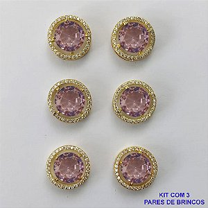 BRINCO NO BRUTO PRONTO PARA O BANHO - KIT COM 3 BRINCOS DE PINO COM BASES EM ALTA FUSÃO REDONDAS CRAVEJADAS COM MICROS ZIRCÔNIAS CRISTAIS E PEDRAS EM ZIRCÔNIAS 10MM - PESO TOTAL 16,4GR BRU15874