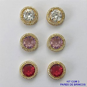 BRINCO NO BRUTO PRONTO PARA O BANHO - KIT COM 3 BRINCOS DE PINO COM BASES EM ALTA FUSÃO REDONDAS CRAVEJADAS COM MICROS ZIRCÔNIAS CRISTAIS E PEDRAS EM ZIRCÔNIAS 10MM - PESO TOTAL 16,4GR BRU15877