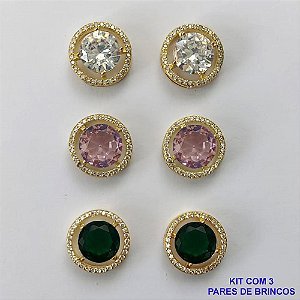 BRINCO NO BRUTO PRONTO PARA O BANHO - KIT COM 3 BRINCOS DE PINO COM BASES EM ALTA FUSÃO REDONDAS CRAVEJADAS COM MICROS ZIRCÔNIAS CRISTAIS E PEDRAS EM ZIRCÔNIAS 10MM - PESO TOTAL 16,4GR BRU15879