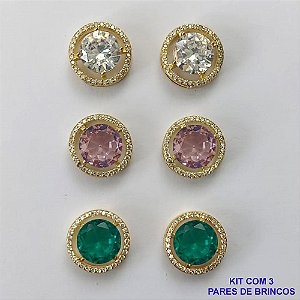 BRINCO NO BRUTO PRONTO PARA O BANHO - KIT COM 3 BRINCOS DE PINO COM BASES EM ALTA FUSÃO REDONDAS CRAVEJADAS COM MICROS ZIRCÔNIAS CRISTAIS E PEDRAS EM ZIRCÔNIAS 10MM - PESO TOTAL 16,4GR BRU15880