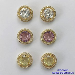 BRINCO NO BRUTO PRONTO PARA O BANHO - KIT COM 3 BRINCOS DE PINO COM BASES EM ALTA FUSÃO REDONDAS CRAVEJADAS COM MICROS ZIRCÔNIAS CRISTAIS E PEDRAS EM ZIRCÔNIAS 10MM - PESO TOTAL 16,4GR BRU15882
