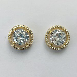 BRINCO NO BRUTO PRONTO PARA O BANHO - BRINCO DE PINO COM BASE EM ALTA FUSÃO REDONDA CRAVEJADA COM MICROS ZIRCÔNIAS CRISTAIS E PEDRA EM ZIRCÔNIA CRISTAL 10MM - PESO TOTAL 5,3GR BRU15884