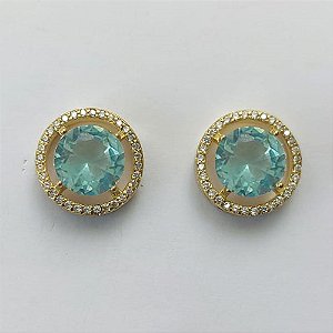 BRINCO NO BRUTO PRONTO PARA O BANHO - BRINCO DE PINO COM BASE EM ALTA FUSÃO REDONDA CRAVEJADA COM MICROS ZIRCÔNIAS CRISTAIS E PEDRA EM ZIRCÔNIA AZUL CLARA 10MM - PESO TOTAL 5,3GR BRU15887