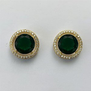 BRINCO NO BRUTO PRONTO PARA O BANHO - BRINCO DE PINO COM BASE EM ALTA FUSÃO REDONDA CRAVEJADA COM MICROS ZIRCÔNIAS CRISTAIS E PEDRA EM ZIRCÔNIA VERDE ESCURA 10MM - PESO TOTAL 5,3GR BRU15888