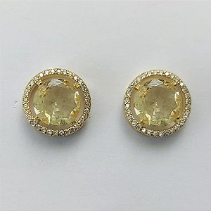 BRINCO NO BRUTO PRONTO PARA O BANHO - BRINCO DE PINO COM BASE EM ALTA FUSÃO REDONDA CRAVEJADA COM MICROS ZIRCÔNIAS CRISTAIS E PEDRA EM ZIRCÔNIA AMARELA 10MM - PESO TOTAL 5,3GR BRU15893