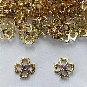 BRINCO NO BRUTO PRONTO PARA O BANHO (BX001208 C022) - BRINCO DE PINO FLOR COM ZIRCÔNIA LILÁS - TAMANHO 10MM - PESO TOTAL DO PAR 0,9GR - BRU15910