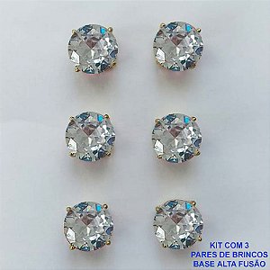 BRINCO NO BRUTO PRONTO PARA O BANHO - KIT COM 3 BRINCOS DE PINO COM ZIRCÔNIA REDONDA CRISTAL 10X10MM - PESO TOTAL 10,3GR - BRU15917