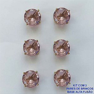 BRINCO NO BRUTO PRONTO PARA O BANHO - KIT COM 3 BRINCOS DE PINO COM ZIRCÔNIA REDONDA ROSA 10X10MM - PESO TOTAL 10,3GR - BRU15918