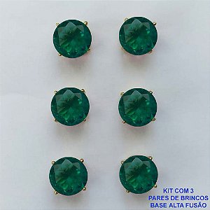 BRINCO NO BRUTO PRONTO PARA O BANHO - KIT COM 3 BRINCOS DE PINO COM ZIRCÔNIA REDONDA VERDE 10X10MM - PESO TOTAL 10,3GR - BRU15919