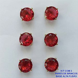 BRINCO NO BRUTO PRONTO PARA O BANHO - KIT COM 3 BRINCOS DE PINO COM ZIRCÔNIA REDONDA PINK 10X10MM - PESO TOTAL 10,3GR - BRU15920