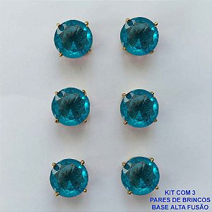BRINCO NO BRUTO PRONTO PARA O BANHO - KIT COM 3 BRINCOS DE PINO COM ZIRCÔNIA REDONDA AZUL 10X10MM - PESO TOTAL 10,3GR - BRU15921