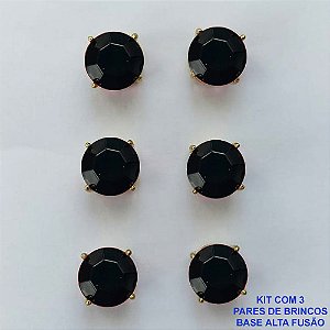 BRINCO NO BRUTO PRONTO PARA O BANHO - KIT COM 3 BRINCOS DE PINO COM ZIRCÔNIA REDONDA PRETA 10X10MM - PESO TOTAL 10,3GR - BRU15922
