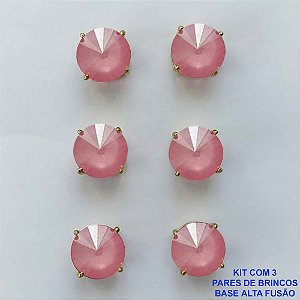 BRINCO NO BRUTO PRONTO PARA O BANHO - KIT COM 3 BRINCOS DE PINO COM ZIRCÔNIA REDONDA ROSA 10X10MM - PESO TOTAL 10,3GR - BRU15924
