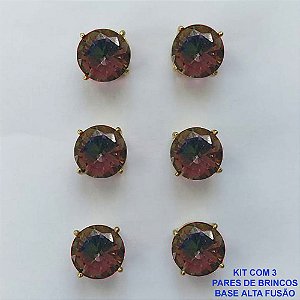 BRINCO NO BRUTO PRONTO PARA O BANHO - KIT COM 3 BRINCOS DE PINO COM ZIRCÔNIA COLORIDA REDONDA  10X10MM - PESO TOTAL 10,3GR - BRU15925