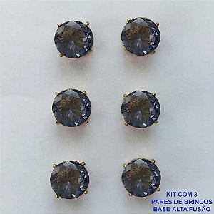 BRINCO NO BRUTO PRONTO PARA O BANHO - KIT COM 3 BRINCOS DE PINO COM ZIRCÔNIA LILAS REDONDA 10X10MM - PESO TOTAL 10,3GR - BRU15926