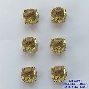 BRINCO NO BRUTO PRONTO PARA O BANHO - KIT COM 3 BRINCOS DE PINO COM ZIRCÔNIA AMARELA REDONDA 10X10MM - PESO TOTAL 10,3GR - BRU15927