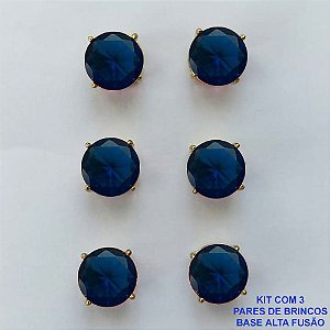 BRINCO NO BRUTO PRONTO PARA O BANHO - KIT COM 3 BRINCOS DE PINO COM ZIRCÔNIA AZUL ESCURA REDONDA 10X10MM - PESO TOTAL 10,3GR - BRU15930