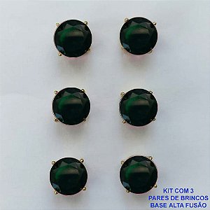 BRINCO NO BRUTO PRONTO PARA O BANHO - KIT COM 3 BRINCOS DE PINO COM ZIRCÔNIA VERDE ESCURA REDONDA 10X10MM - PESO TOTAL 10,3GR - BRU15932