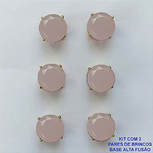BRINCO NO BRUTO PRONTO PARA O BANHO - KIT COM 3 BRINCOS DE PINO COM ZIRCÔNIA ROSA LEITOSA REDONDA 10X10MM - PESO TOTAL 10,3GR - BRU15933