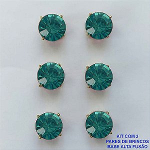 BRINCO NO BRUTO PRONTO PARA O BANHO - KIT COM 3 BRINCOS DE PINO COM ZIRCÔNIA AZUL REDONDA 10X10MM - PESO TOTAL 10,3GR - BRU15934