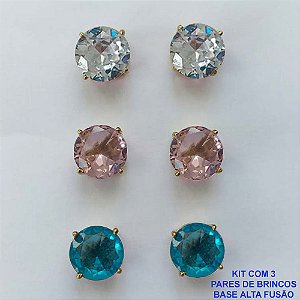 BRINCO NO BRUTO PRONTO PARA O BANHO - KIT COM 3 BRINCOS DE PINO COM ZIRCÔNIA REDONDA 10X10MM - PESO TOTAL 10,3GR - BRU15937
