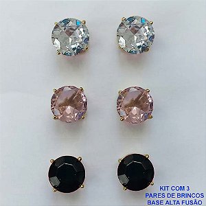 BRINCO NO BRUTO PRONTO PARA O BANHO - KIT COM 3 BRINCOS DE PINO COM ZIRCÔNIA REDONDA 10X10MM - PESO TOTAL 10,3GR - BRU15938