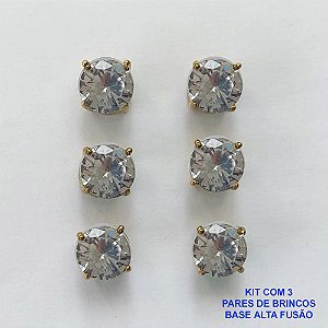 BRINCO NO BRUTO PRONTO PARA O BANHO - KIT COM 3 BRINCOS DE PINO COM BASE EM ALTA FUSÃO E COM ZIRCÔNIA CRISTAL REDONDA 8X8MM - PESO TOTAL 6,8GR - BRU15939