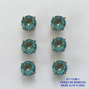 BRINCO NO BRUTO PRONTO PARA O BANHO - KIT COM 3 BRINCOS DE PINO COM BASE EM ALTA FUSÃO E COM ZIRCÔNIA AZUL REDONDA 8X8MM - PESO TOTAL 6,8GR - BRU15941